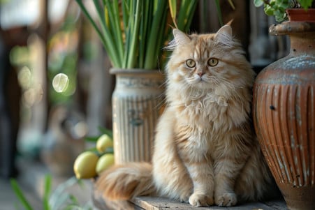 Persian cat sitting calmly next to a vase of fresh lemongrass