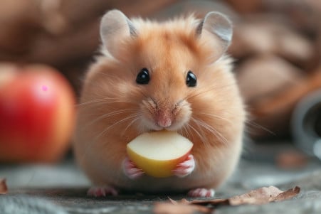 Fluffy golden hamster nibbling on a piece of seedless apple inside a clean enclosure