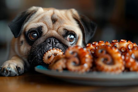 Pug carefully taking a small bite of a grilled octopus tentacle on a plate