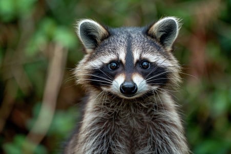 Close-up portrait of a curious-looking raccoon with a distinctive black mask and striped tail