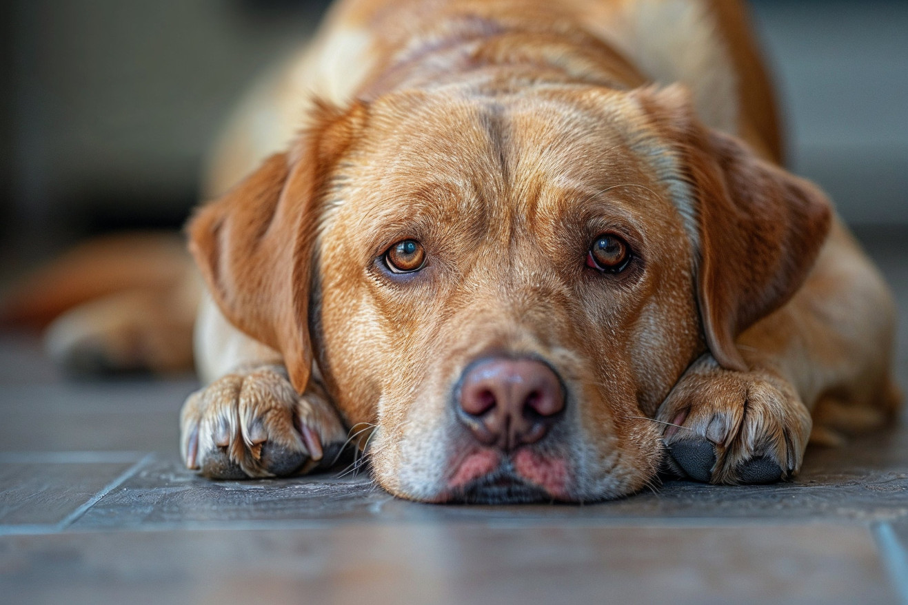 Panting Labrador Retriever laying on a tile floor with visible pink, splotchy heat rash on its skin
