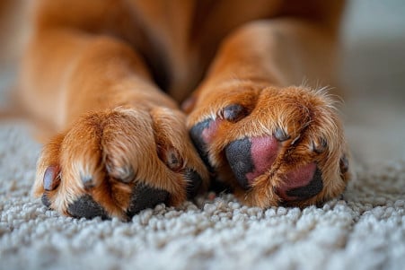 Close-up of a golden retriever's red, inflamed paw pad on a soft surface