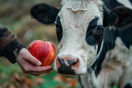 Holstein cow with black and white markings sniffing a red apple held by a farmer's hand in a pastoral field