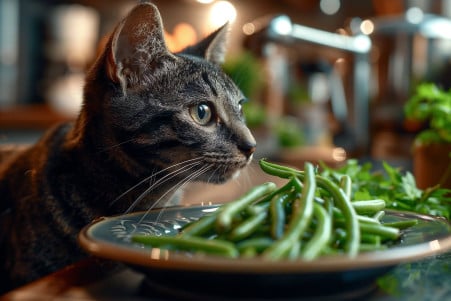 Black cat peering curiously at a plate of green beans on a kitchen counter