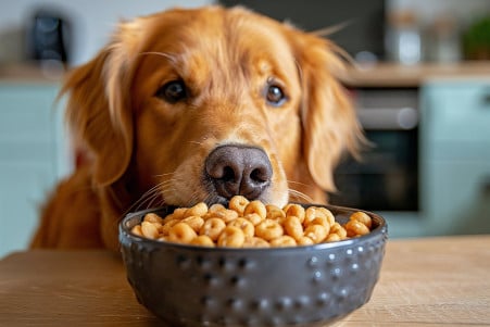 Golden Retriever dog curiously examining a bowl of plain Cheerios cereal