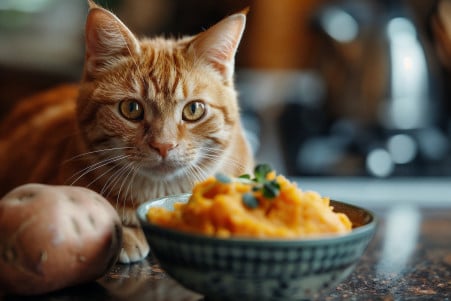Orange tabby cat sniffing a bowl of mashed sweet potato on a kitchen counter