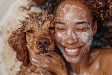 Person with irritated skin on face and hands, contrasted with a happy dog being bathed with dog shampoo