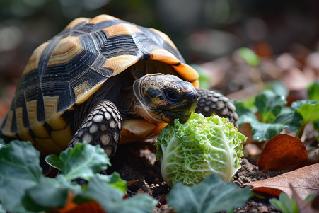 Serene Hermann's tortoise nibbling on a small piece of cabbage in a sunny outdoor setting