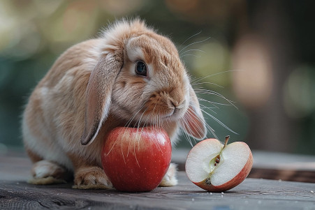 Fluffy lop-eared rabbit sitting on a wooden table, eyeing a ripe red apple slice