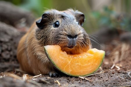 A small Abyssinian guinea pig with a rosette-patterned coat happily nibbling on a slice of cantaloupe on a bed of timothy hay