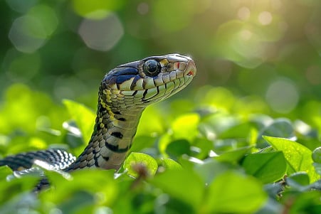 Newborn garter snake slithering through grass and leaves, approaching a small frog or insect