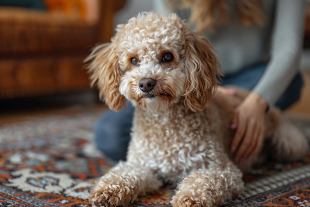 Poodle dog coughing on a rug while its owner kneels beside it in a living room setting