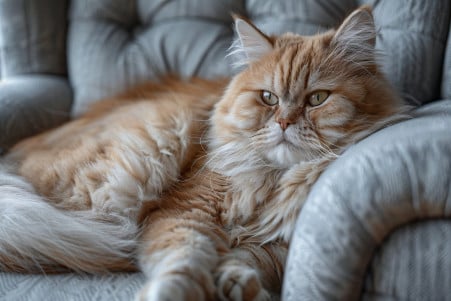 A Persian cat with a dense, cream-colored coat nestled comfortably on a gray armchair