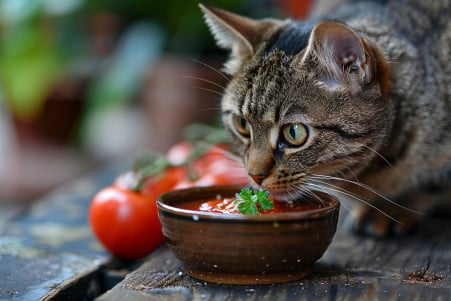 Tabby cat sniffing at a bowl of red tomato sauce with a curious expression