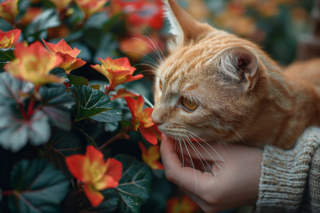 Orange tabby cat sniffing at vibrant red and yellow begonia plant, with owner's hand gently guiding the cat away