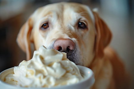 Close-up of a Labrador Retriever sniffing a bowl of Cool Whip with a concerned expression