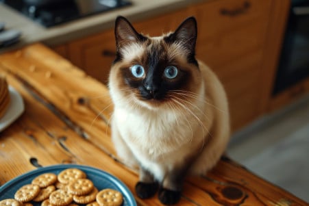 Sleek, light-colored Siamese cat sitting on a kitchen counter, looking displeased at a plate of crackers nearby