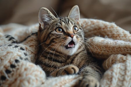 Playful tabby cat with a hiccupping expression, sitting on a soft blanket