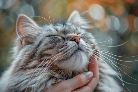 Close-up of a fluffy grey and white Maine Coon cat with a peaceful expression as a human hand pets its head, causing drool to drip from its mouth