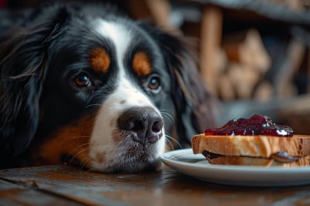 Bernese Mountain Dog looking up longingly at a piece of toast with grape jelly, held by a concerned owner