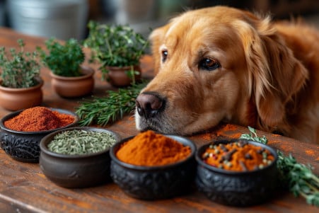 Golden Retriever sniffing at a collection of common spices and herbs on a wooden table