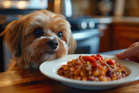 Shih Tzu dog sitting next to a plate of chili con carne, with the owner's hand moving the plate away