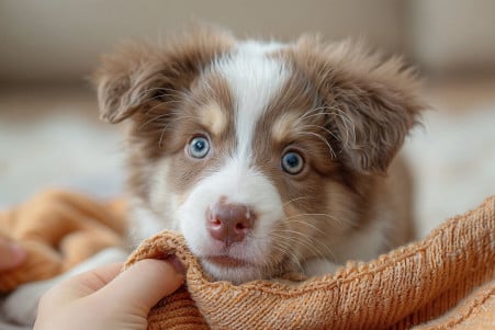 Curious border collie puppy watching a treat being hidden under a cloth, with a bright living room background
