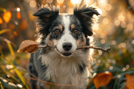 Border Collie mix carefully carrying a small fallen branch through a lush, forested area
