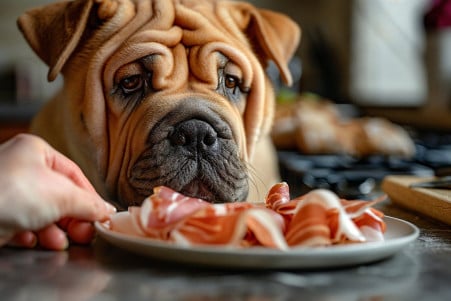 A wrinkly Shar-Pei dog sniffing a plate of thinly sliced prosciutto on a kitchen counter
