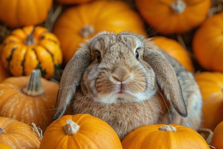 A Holland Lop rabbit resting next to a pile of acorn squash in a clean studio setting