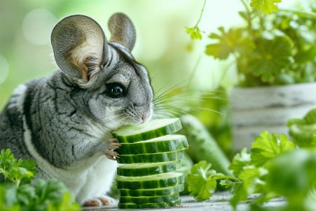 Chinchilla curiously sniffing cucumber slices in a natural habitat enclosure