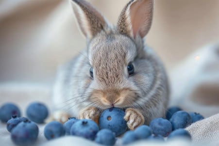 Grey dwarf rabbit with a white tuft on its forehead holding a single blueberry, with more berries on a natural-toned cloth