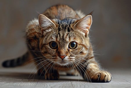 Muscular tabby cat crouched low, tail twitching, as if about to mark its territory on a hardwood floor