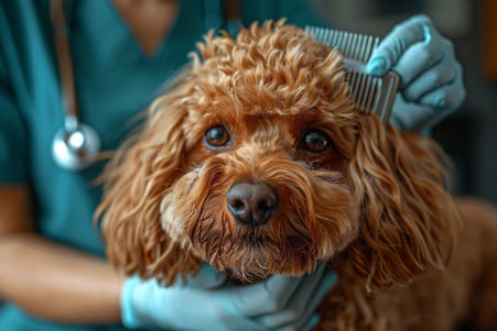 Worried-looking Poodle being inspected by a veterinarian using a fine-toothed comb for signs of lice