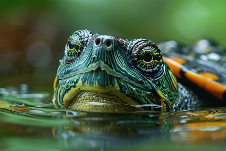 Photorealistic image of a turtle submerged in a shallow, reflective pool with a lush green environment