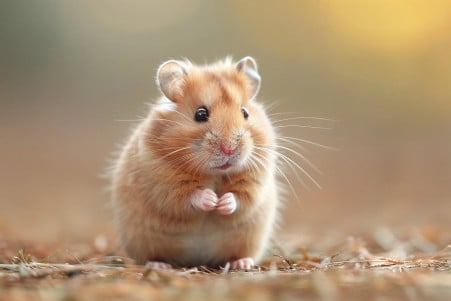 A Syrian hamster sitting upright, its short tail resting calmly, with tufted fur and an expressive face