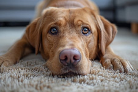 Labrador Retriever dog pressing its muzzle into a beige carpet with a puzzled expression