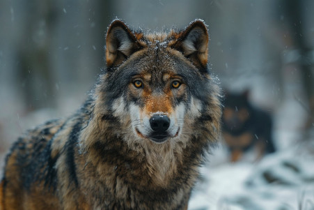 Large, imposing grey wolf standing in a snowy, forested environment with a smaller, leaner black domestic dog in the background