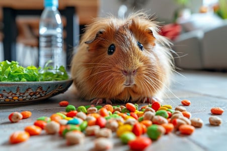 Fluffy Peruvian guinea pig looking perplexed at a colorful hamster food mix on the floor, with a bowl of greens and water bottle visible in the background