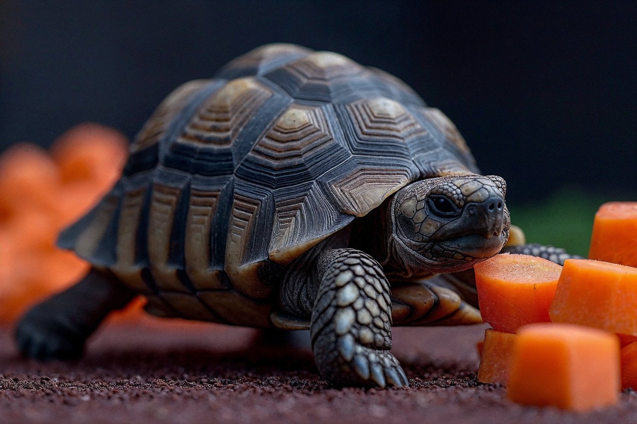 Tortoise with hexagon-patterned shell nibbling on carrot pieces on a neutral surface