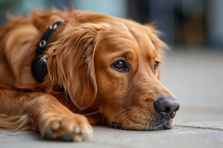 Sad-looking Golden Retriever wearing a black electronic training collar, lying on the ground in a home setting