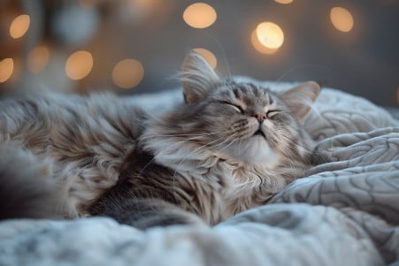 Maine Coon cat twitching and meowing in its sleep, with a concerned expression on a soft, plush bed