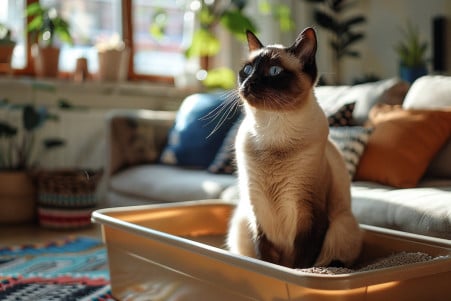 Siamese cat perched proudly on the edge of a litter box in a domestic living room setting