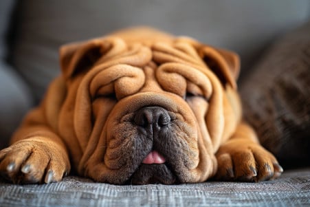 Shar Pei dog with a wrinkly, tan-colored coat resting with the tip of its tongue sticking out slightly