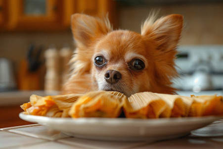 Chihuahua with a concerned expression sniffing a plate of tamales on a kitchen counter