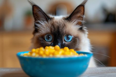 Siamese cat sniffing at a bowl of cooked corn kernels