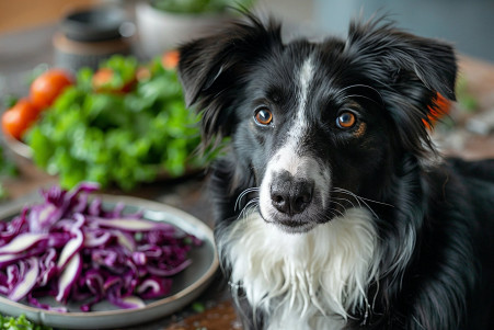 Portrait of an attentive Border Collie with an intelligent gaze, with a plate of sliced red cabbage in the background