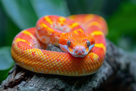 Adult corn snake with a classic orange-red saddle pattern stretched out on a piece of driftwood in a captive habitat