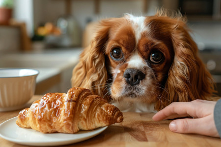 Cavalier King Charles Spaniel staring curiously at a croissant on a kitchen counter, with the owner's hand gently pushing it away