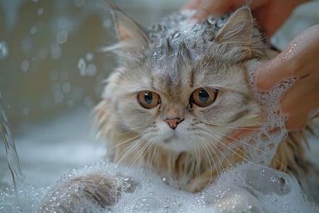 Detailed photograph of a calm Persian cat being carefully bathed in a sink by its owner's hands using pet-safe shampoo